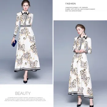 New Sosire Pista de primăvară brand Femei subțire O-linie Elegant rochie de epocă Florale Imprimate de Vacanță turndown guler Rochii vestido