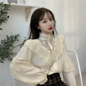Moda Zburli Cusaturi Dantelă Bluze Femei Coreene Stand Guler Topuri Doamnelor Dantela Vintage Tricouri Dulce Haine Largi Blusas 11335