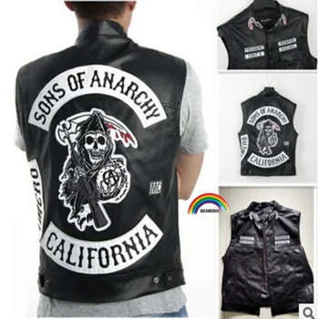 Sons of Anarchy Broderie din Piele Rock Punk Vesta Cosplay Costum Negru Motocicletă fără Mâneci Sacou 2 Buc Sons of Anarchy Inele