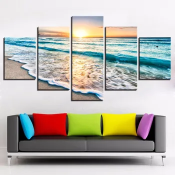 Arta de perete Imagini HD Printuri Canvas 5 Piese de Valuri Pe Plaja La Apus de soare Picturi peisaj Marin Postere Living Home Decor Cadru
