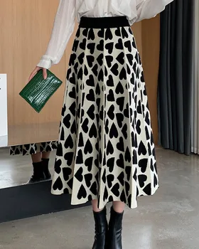Toamna Iarna 2020 Fuste Femei de moda Dragoste model de Tricotat Lână Plisata Fusta Lunga cu Talie Înaltă Elastic Mare Tiv Fuste Midi