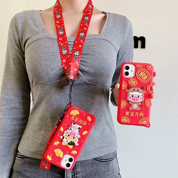 Roșu de Anul Nou Chinezesc Noroc Cuvinte Lapte de Vacă Caz pentru iPhone 12 Mini 11 Pro XS Max Drăguț Bovine Vițel Curea de Agățat Frânghie Moale Capacul