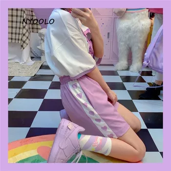 NYOOLO Harajuku Dragoste dulce inima de imprimare mozaic de înaltă talie pantaloni scurți femei de Vară talie elastic cu Cordon fete kawaii pantaloni scurți