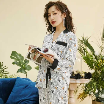 Primăvară Nouă Doamnelor Elegante Pijama Set de Turn-down Collor Confort Mătase Satin Femei Subțire Liber Sleepwear Blând Și Moale Homewear