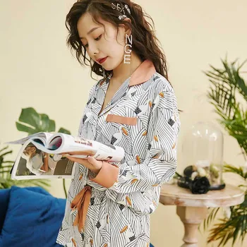Primăvară Nouă Doamnelor Elegante Pijama Set de Turn-down Collor Confort Mătase Satin Femei Subțire Liber Sleepwear Blând Și Moale Homewear