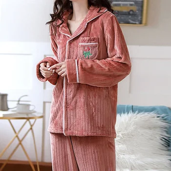 Laamei Fleece Femei Pijamale Seturi De Toamna Iarna Cald Gros De Catifea Sleepwear Set De Pijama Homewear Cămășuță De Noapte De Două Bucata Costum Pijama