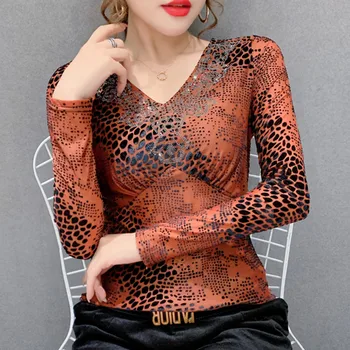 Toamna Iarna Haine Europene T-shirt Turma de Imprimare Sexy Diamante Stralucitoare Femei Topuri Ropa Mujer Maneca Lunga Teu În 2020 Nou T00502A