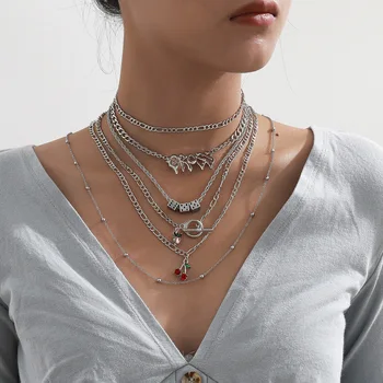 TIMEONLY Multi-strat de Zaruri Cherry Pandantiv Colier Hiperbola Litere Cravată Coliere pentru Femei de Culoare de Argint Bijuterii din Metale