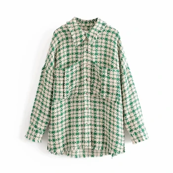 Vintage Chic Verde Carouri, Buzunare Tweed Jachete de Moda pentru Femei Partea Deschisă în jos Rândul său Guler Haine de sex Feminin de Îmbrăcăminte exterioară