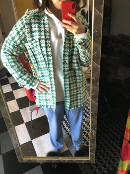 Vintage Chic Verde Carouri, Buzunare Tweed Jachete de Moda pentru Femei Partea Deschisă în jos Rândul său Guler Haine de sex Feminin de Îmbrăcăminte exterioară