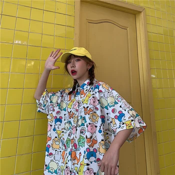 Harajuku T Shirt pentru Femei Doamnelor Vara Tricou Ulzzang Butonul de Sus coreean Tee Topuri Anime Kawaii Drăguț Haine