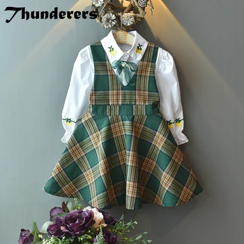 Thunderers Copii de Primavara Toamna Îmbrăcăminte Set Broderie Tricou Cu imprimeu Carouri Rochie Copii 2 buc Haine Haine de Copil