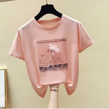 GGRIGHT Amuzant Diamante de Imprimare T-shirt Femei 2019 Vara Bumbac O-gat Maneci Scurte Tricouri Alb-Roz Femei Teuri de Sus Harajuku