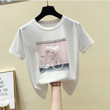 GGRIGHT Amuzant Diamante de Imprimare T-shirt Femei 2019 Vara Bumbac O-gat Maneci Scurte Tricouri Alb-Roz Femei Teuri de Sus Harajuku