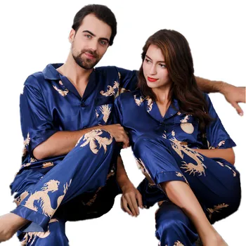 Bărbați Pijama Set Imprimare Dragon Chinezesc Satin de Mătase 2 Bucata Pijama Set Cupluri cu mânecă Scurtă Raionul Acasă Poarte îmbrăcăminte de noapte