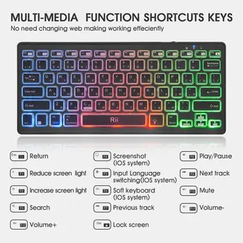 Rii Bluetooth 4.0 Wireless mai Multe Culori Curcubeu LED Backlit Keyboard Cu Baterie Reîncărcabilă Pentru iOS, Android și MacBook