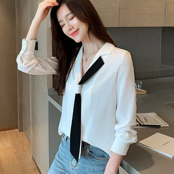 2020 Noua Moda Coreeană Tricou Alb Femei, Bluze De Culoare De Contrast Dintata Bluza Șifon Buton Toamna Bluze Femei Haine Femei