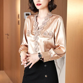 Coreea de Mătase Bluze Femei Bluza Broderie Tricou pentru Femei cu Maneca Lunga Camasi Elegante Femei V-Neck Bluza Dantela Topuri Plus Dimensiune