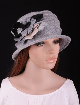 M550 Gri Elegant Lana Acril Drăguț 2-Ton de Flori Rid de Iarna pentru Femei Pălărie Beanie Cloche Capac