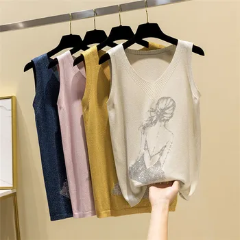 Vesta tricotate Rezervor de Top pentru Femei Onesize V-neck Streetwear Casual Rezervor de Top pentru Femei de Vară Luminos Subțire de Mătase, fără Mâneci Vesta Uza Topuri