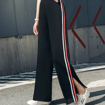 Pantaloni Femei de Primăvară Parte cu dungi-Mare-talie-picior Larg fantă Laterală Elastic-talie stil coreean Elevii Pantaloni Casual Trendy Chic