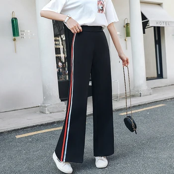 Pantaloni Femei de Primăvară Parte cu dungi-Mare-talie-picior Larg fantă Laterală Elastic-talie stil coreean Elevii Pantaloni Casual Trendy Chic