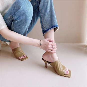 Vara papuci de casă design de brand din piele 7cm tocuri peep toe slip pe catâri femei pantofi de streetwear sandale DMJ21 MUYISEXI