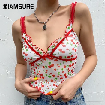 IAMSURE Cherry Tipărite Drăguț Volane Culturilor Topuri Pentru Femei Streetwear-Sexy V-Neck Plasă de sex Feminin maiouri de Vara Estetice y2k Topuri
