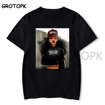 Fata negru Magic Poppin Femeie T-shirt Regina Melanina Imprimare Harajuku Hip-Hop Rock Negru Tricou de Vara Tricou Femei Streetwear