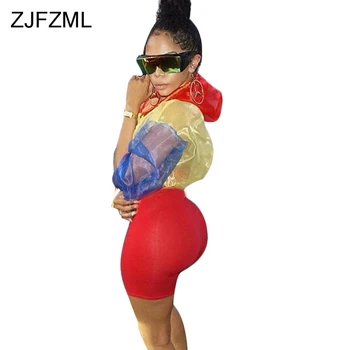 ZJFZML Streetwear Set de Două Piese Costume pentru Femei de Culoare de Contrast cu Gluga Crop Top Și Pantaloni Skinny Femei Costume de Trening Toamna