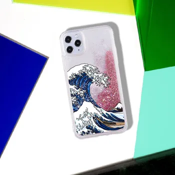Marele Val pe Kanagawa Strălucire Lichid Real Sclipici Caz de Telefon Fundas Cover pentru iPhone 11 X XS XR Max Pro 7 8 7Plus 8Plus 6