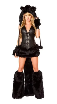 Noua Sexy Teddy Negru Costum de Urs pentru Pisica Adult Fata Cosplay Costum Costume de Halloween pentru Femei Fantasia Petrecere Uniforme Set