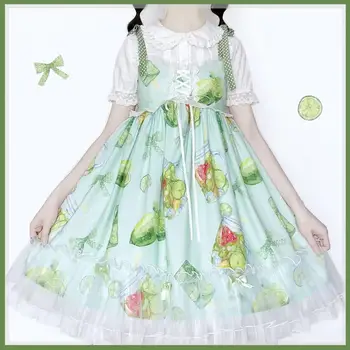 Kawaii Lolita Var o vara Lolita jsk mici verzi proaspete de imprimare bretele femei Lolita dulce rochie kawaii fata gotic rochie