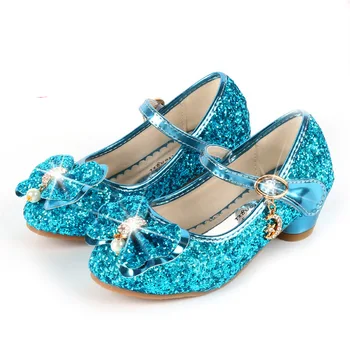 Printesa Copii Pantofi de Piele pentru Fete de Flori Casual Sclipici Copii Toc Înalt Pantofi Fete Nod de Fluture Albastru-Roz Argintiu