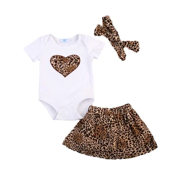 Adorabil Bumbac Nou-născuți pentru copii Copii Fete 3Pcs Tinutele Topuri Romper Leopard Fusta Hairband Set Haine Casual