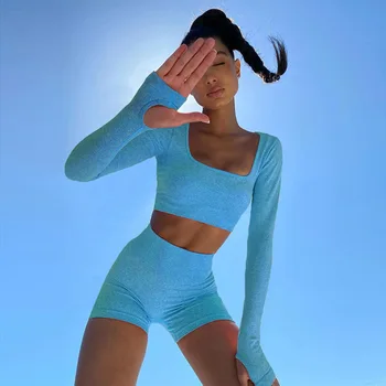 Sport femei costum de haine de yoga antrenament sala de sport maneca lunga fitness crop top + talie mare fără sudură de energie pantaloni scurți set