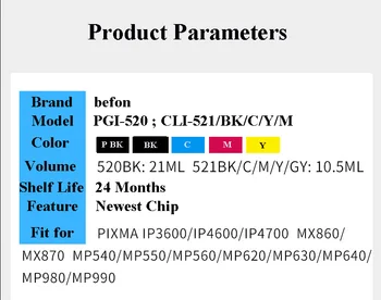 Befon PGI-520 Compatibil Reîncărcabile PGI 520 CLI 521 Cartuș de Cerneală cu Chip de Permanentă pentru canon PIXMA ip3600 imprimanta IP4600 IP4700
