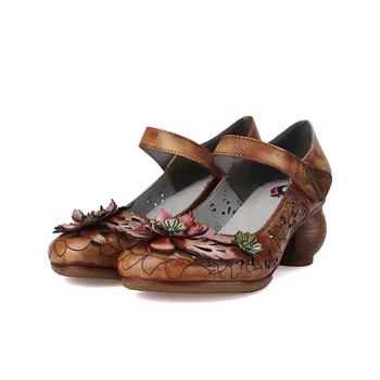 Johnature Tocuri Retro 2020 Nouă Primăvară Pompe De Femei Pantofi Din Piele Rotund Toe Cârlig & Bucla De Flori Tubulare Doamnelor Pantofi