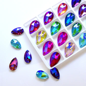 Toate Dimensiunile Coase Pe Stras culori Crystal AB Populare Picături Coase Pe Pietre de Cristal 2 Gauri Haine DIY Rochie de mireasa Accesorii