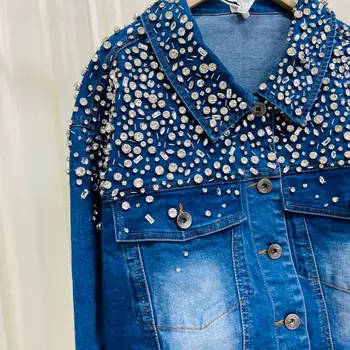 Stras jacheta denim pentru Femei Stras Paillette Femeie Straturi Blaser Epocă de Apă de Spălare Doamna Casual Jeans Cardigan