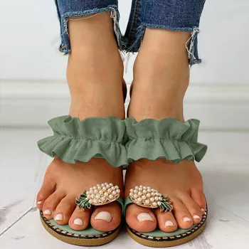 Papuci De Casă Verde Boem Sandale Femei Fete Perla Plat Pantofi Casual Alunecare Pe Sandale De Plaja Doamnelor Pantofi Platforma Sandalias 2020