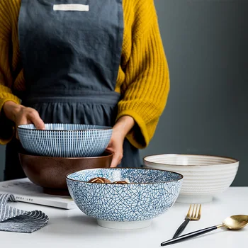 8 Inch Ramen Japoneză Castron Ceramic Noodle Bowl Design Dungă Mare Supa Restaurant De Uz Casnic Piese Retro