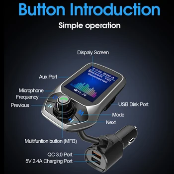 1.8 inch Ecran Color Bluetooth Transmițător FM Wireless Auto Modulator FM Mp3 Player Car Kit Handsfree QC3.0 Încărcător De Mașină