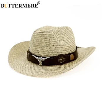 BUTTERMERE Pălărie de Cowboy Oameni de Paie Pălărie Panama Centura de Vacă Decora Pălării cu Boruri Largi Pentru Vara Kaki de sex Masculin Pălărie 2021 New Sosire