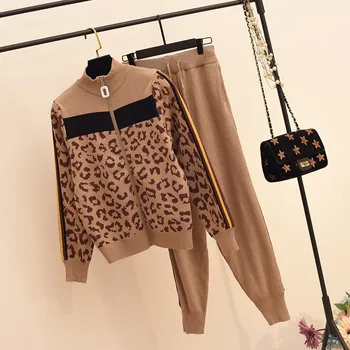 CBAFU nou toamna iarna tricot pentru femei trening leopard maneca lunga cardignas strat tricotate pantaloni elastic 2 bucata set costum tricot F865