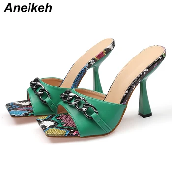 Aneikeh Moda Femmes încăltăminte într-Serpentine Metalice elemente d Tocuri Deget de la picior Pătrat Superficial PU Mozaic 2021 Vara Pantofi Femei