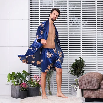 4XL 5XL Supradimensionat pentru Bărbați Cămăși de noapte Set Imitație Kimono de Mătase Pijama Barbati Sexy Halat Satin Halat de baie Acasă Rochie de Noapte Femei Set