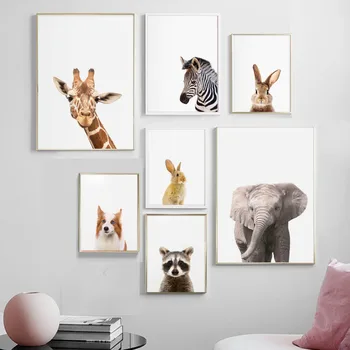 Drăguț Elefant, Zebra, Girafa Câine Enot Wall Art Print Panza Pictura Nordică Postere Si Printuri De Animale Imagini De Perete Camera Copii