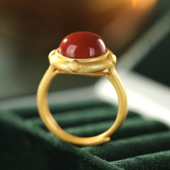 Naturale Hetian de jad, Jasp sud-gura roșie inel reglabil Chineză stil retro curtea farmec elegant pentru femei festival cadou