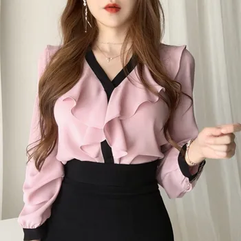 2020 Toamna coreea Sifon Femei Bluze Camasi cu Maneci Lungi V-neck Volane Elegante, Topuri Fashion Doamne de Birou Blusas Mujer
